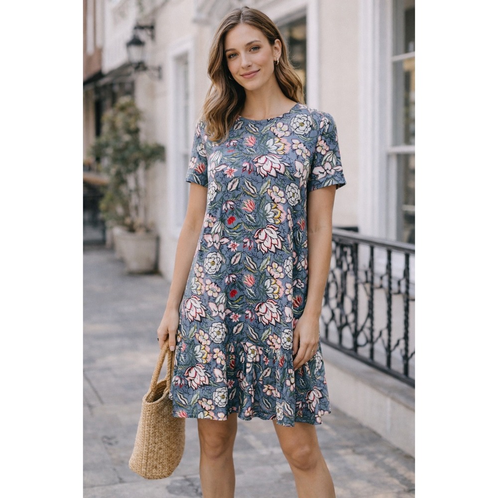 P2 LOFT Floral Flounce Hem Shift Dress Blue Pink Short Sleeve Large NWT 548472